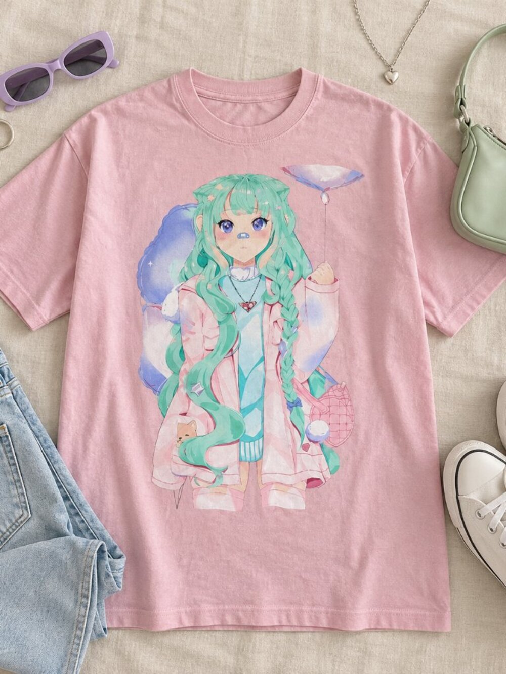 Chrisana Mun Pink Anime Graphic Tee for Adults Mint Green Balloons